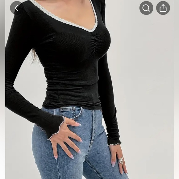 Lace V Neck Trim Long Sleeve Top New - Picture 1 of 1
